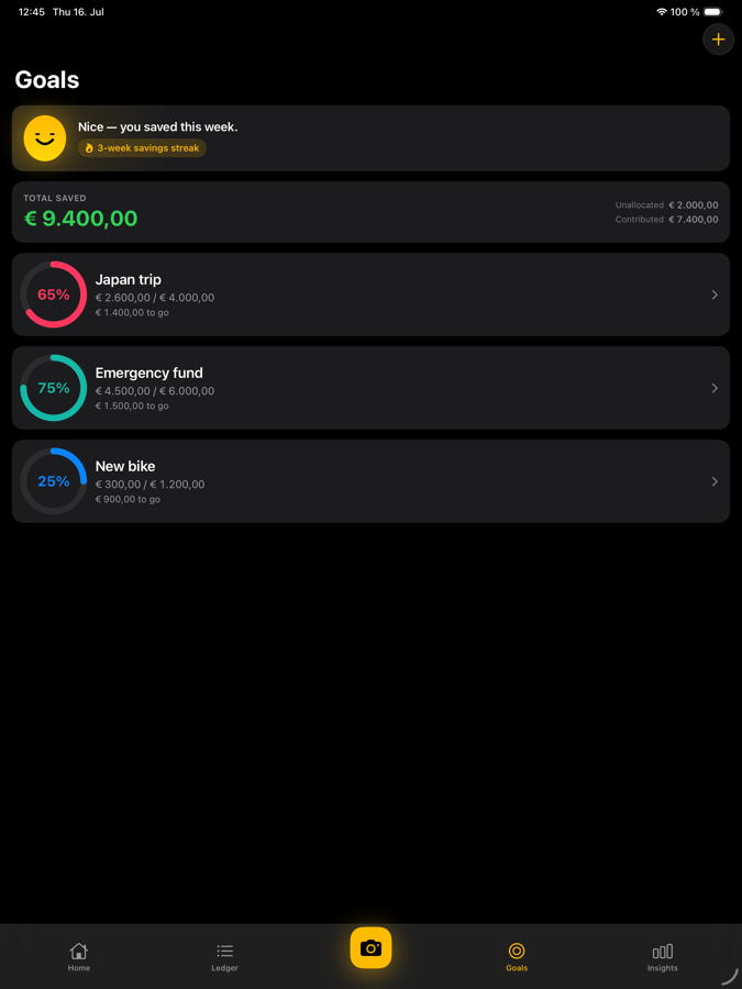 Savings goals with progress rings