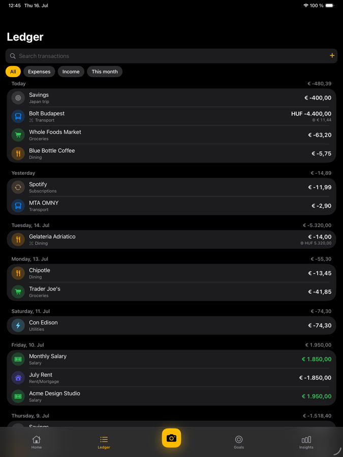 Transaction ledger grouped by day